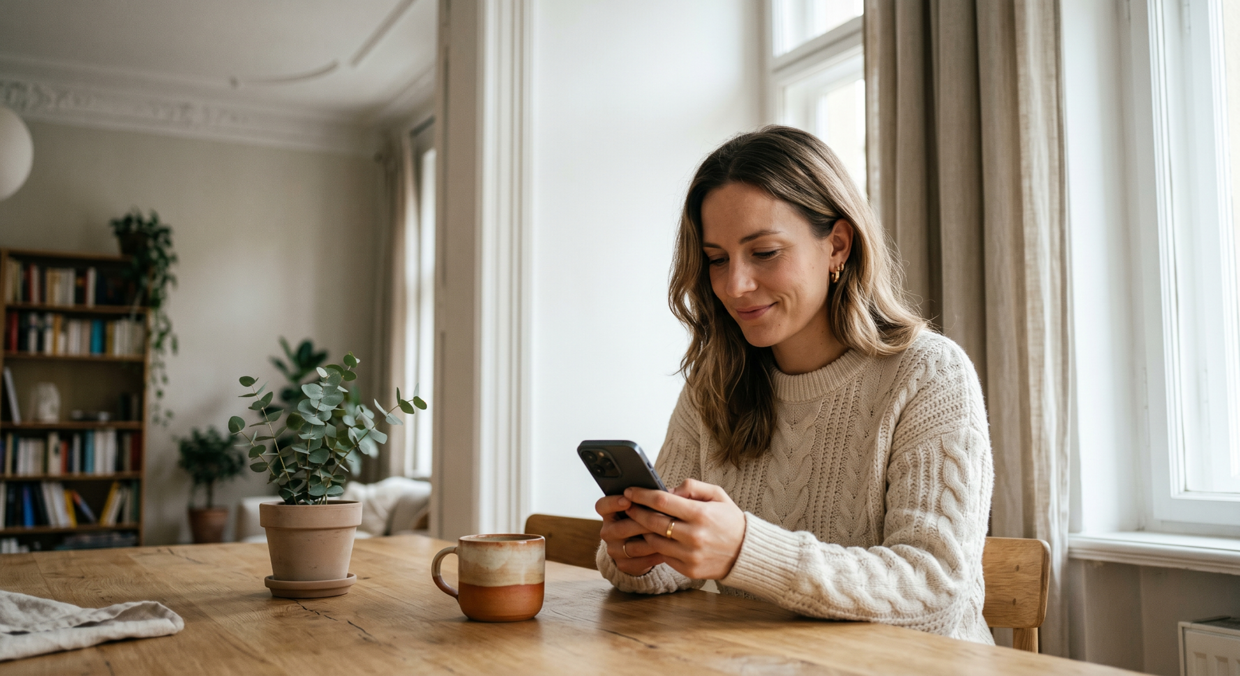 Young woman in cream sweater checking her finances on her phone at a sunlit Berlin apartment table